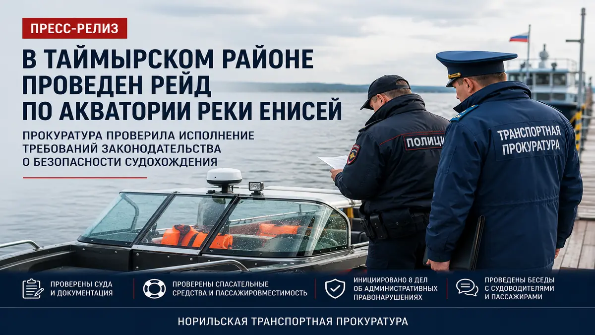 В Таймырском Долгано-Ненецком муниципальном районе прокуратурой проведен профилактический рейд и проверка исполнения требований законодательства о безопасности судовождения по акватории реки Енисей